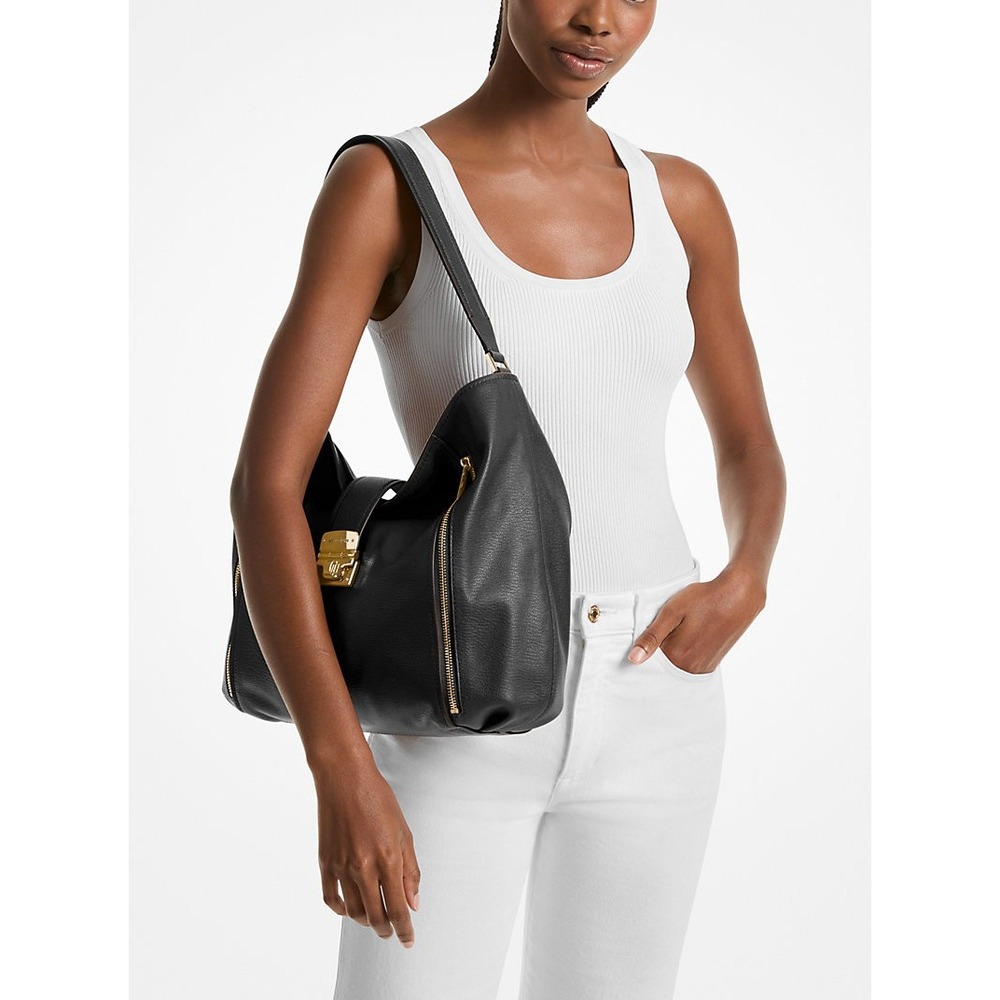 Michael Kors Womens Addie Large Leather Hobo Shoulder Bag Black Handbag